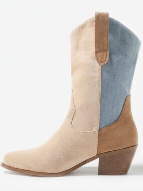 Women's 059 Apricot Synthetic Boots for Women Stacked Heel Wide Calf Cowgirl Boo